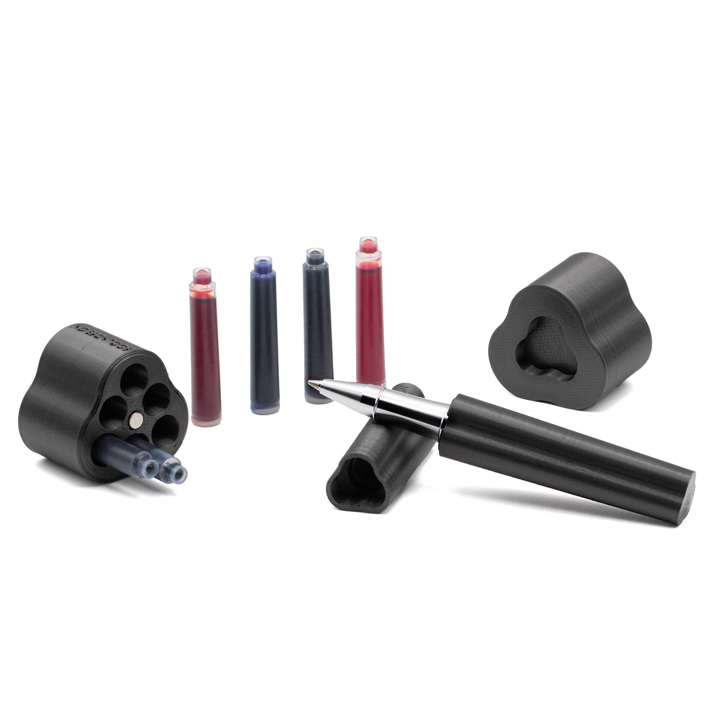 CENTO3.R Penna roller nera a forma trilobata con inchiostri colorati